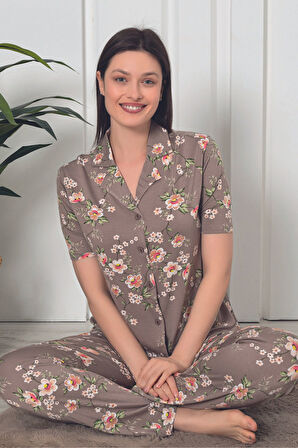 Leopar Desenli Önden Düğmeli Kısa Kol Kadın Pijama Takımı