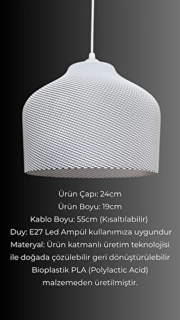 Geminy Beyaz Mesh dokulu avize, Pinterest Tarzı Özel Tasarım Tekli Sarkıt Avize (Bioplastik) E27