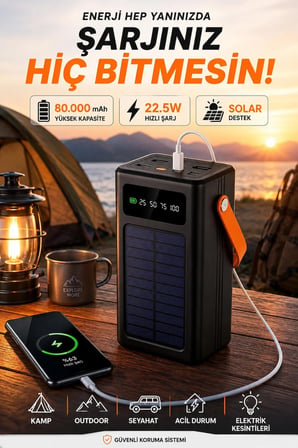 80.000 mAh Solar Powerbank Hızlı Şarj Güneş Enerjili Dijital Göstergeli 4 USB Çıkışlı Type-C Outdoor Kamp Taşınabilir Şarj Cihazı
