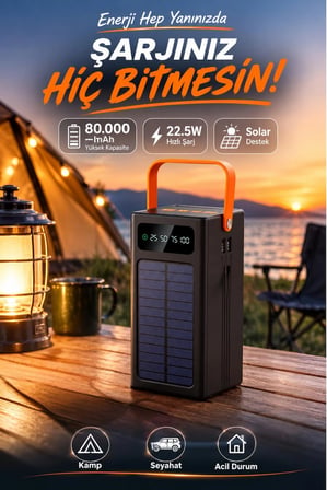 80.000 mAh Solar Powerbank Hızlı Şarj Güneş Enerjili Dijital Göstergeli 4 USB Çıkışlı Type-C Outdoor Kamp Taşınabilir Şarj Cihazı