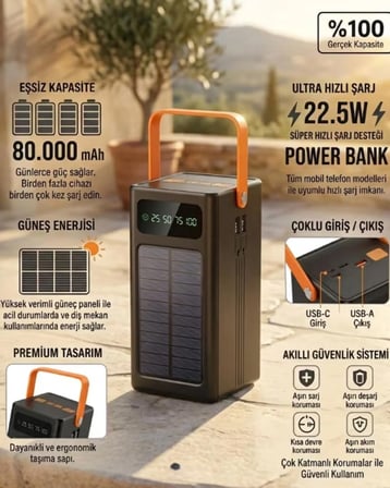 80.000 mAh Solar Powerbank Hızlı Şarj Güneş Enerjili Dijital Göstergeli 4 USB Çıkışlı Type-C Outdoor Kamp Taşınabilir Şarj Cihazı