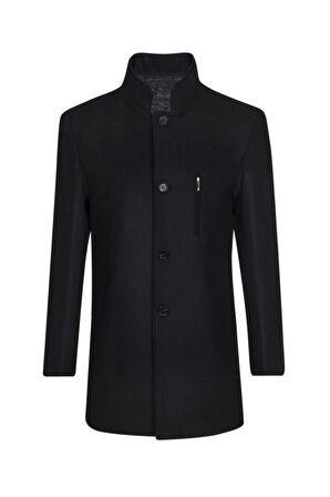 Yün Karışımlı Düz Siyah Erkek Kaban