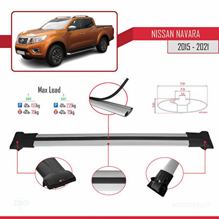 Nissan Navara 4 (D23) 2015-2021 Arası ile Uyumlu FLY Model Ara Atkı Tavan Barı Gri 2 Adet