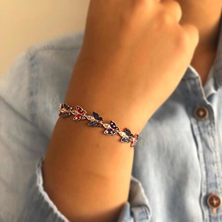 Rose Kaplama Mini Kelebek Motif Gümüş Bileklik