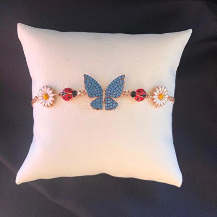 Rose Kaplama Kelebek Çiçek Motifi Gümüş Bileklik