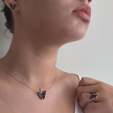Rose Kaplama Siyah Kelebek Gümüş Set
