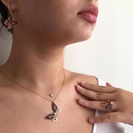 Rose Kaplama Kahverengi Kelebek Gümüş Set