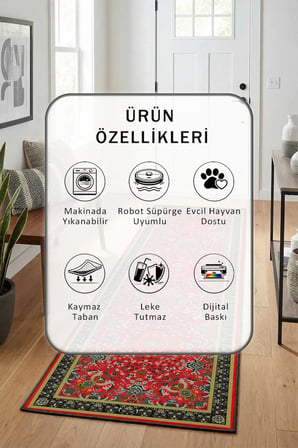 A-14 Yıkanabilir Kaymaz Taban Dijital Baskılı Yolluk Halı Bordo