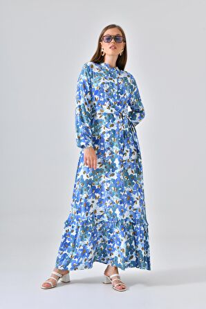 Mavi Hakim Yaka Gizli Patlı Eteği Fırfırlı Kuşaklı Elbi