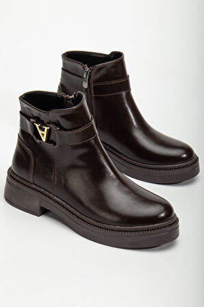 Kadın Tokalı Soğuk Geçirmez Parlak Kahverengi Kışlık Bot  