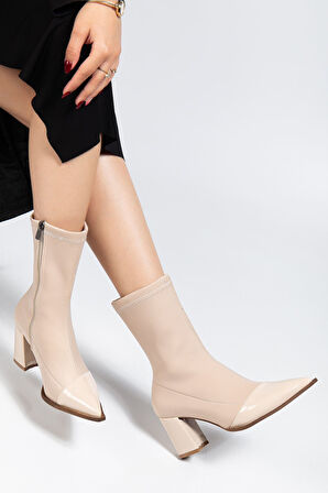 Kadın Bej Streç Rugan Bilekli Orta Boy Topuklu Bot  - kopya