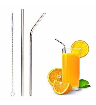 2 Adet Çelik Pipet ve Temizleme Fırçası 3 Parça Çelik Pipet Seti  Düz Pipet Eğik Pipet Ve Temizleme Fırçası 3'lü Set