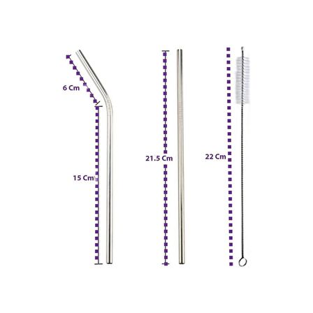 2 Adet Çelik Pipet ve Temizleme Fırçası 3 Parça Çelik Pipet Seti  Düz Pipet Eğik Pipet Ve Temizleme Fırçası 3'lü Set