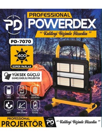 Powerdex PD-7070PRO 400 LED Profesyonel Standlı Çakar Işıklı Güneş Enerjili Projektör 4 farklı ışık modu