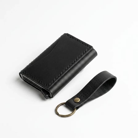 Hakiki Deri Mekanizmalı Cüzdan Anahtarlık Hediyelik Set El Dikişi Unisex Siyah Taba 7x10 cm Siyah
