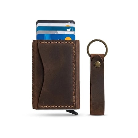 Hakiki Deri Mekanizmalı Cüzdan Anahtarlık Hediyelik Set El Dikişi Unisex Siyah Taba 7x10 cm Taba