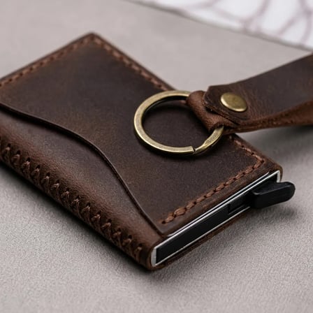 Hakiki Deri Mekanizmalı Cüzdan Anahtarlık Hediyelik Set El Dikişi Unisex Siyah Taba 7x10 cm Taba