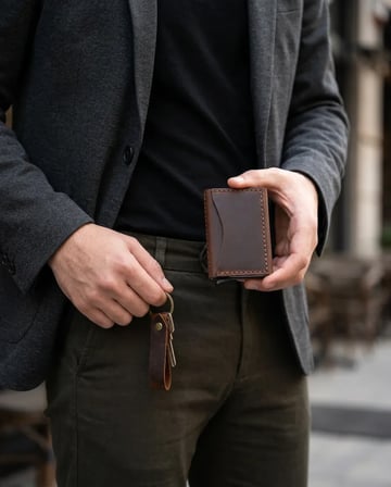 Hakiki Deri Mekanizmalı Cüzdan Anahtarlık Hediyelik Set El Dikişi Unisex Siyah Taba 7x10 cm Taba