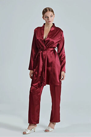 Kadın Bordo Saten Çeyiz Seti 6 Parça Dantelli Sabahlık Gecelik Pijama Şortlu Takım