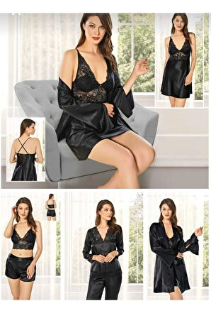 Kadın Siyah Saten Çeyiz Seti 6 Parça Dantelli Sabahlık Gecelik Pijama Şortlu Takım