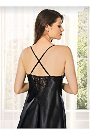 Kadın Siyah Saten Çeyiz Seti 6 Parça Dantelli Sabahlık Gecelik Pijama Şortlu Takım