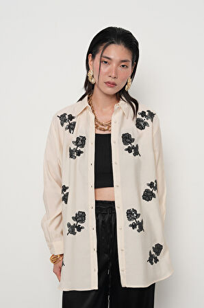 KADIN ÖNÜ PUL PAYET İŞLEMELİ ANTRASİT RENK GÖMLEK