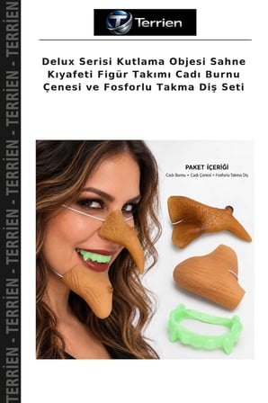 Delux Serisi Kutlama Objesi Sahne Kıyafeti Figür Takımı Cadı Burnu Çenesi ve Fosforlu Takma Diş Seti