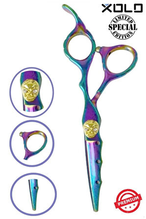 Rainbow Skull Kurukafa Detaylı Dış Bükey Saç Kesim Makası Salon Profesyonel Kuaför XLQ578B