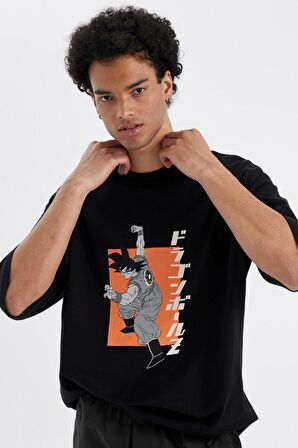 DeFacto Dragon Ball Loose Fit Bisiklet Yaka Sırt Baskılı Pamuklu Kısa Kollu Tişört C6526AX24AUBK81
