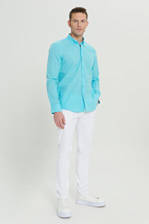 Erkek Turkuaz Tailored Slim Fit Oxford Düğmeli Yaka Keten Görünümlü %100 Pamuk Flamlı Gömlek