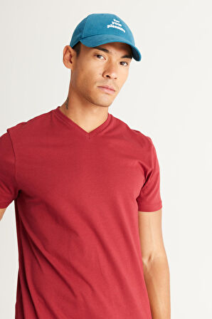 Erkek Bordo Slim Fit Dar Kesim %100 Pamuk V Yaka Kısa Kollu Tişört
