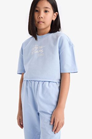 Kız Çocuk 2'li Takım Bisiklet Yaka Baskılı Sweatshirt Beli Paçası Lastikli Eşofman Altı 