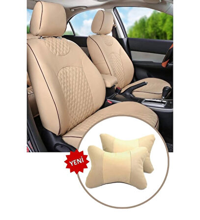 Land Cruiser Uyumlu bej 2li koltuk başlığı kaliteli suni deri spor yastık araca özel set 