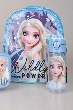 DEKOMUS LİSANSLI "MAVİ KARLAR ÜLKESİ ELSA FROZEN KOLEKSİYONU "OKUL ÇANTASI,BESLENME KABI VE 500 ML TRITAN MATARA OKUL/KIRTASİYE SETİ