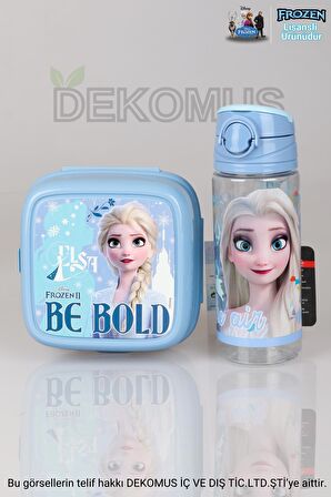 DEKOMUS LİSANSLI "MAVİ KARLAR ÜLKESİ ELSA FROZEN KOLEKSİYONU "BESLENME KABI VE 500 ML TRITAN MATARA OKUL/KIRTASİYE SETİ