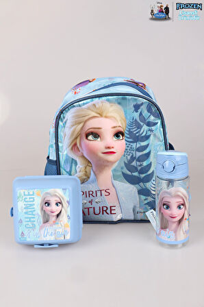 DEKOMUS LİSANSLI ELSA FROZEN TEK BÖLMELİ KÜÇÜK BOY 32 CM ANAOKUL ÇANTASI,BESLENME KABI VE 500 ML TRITAN MATARA OKUL/KIRTASİYE SETİ