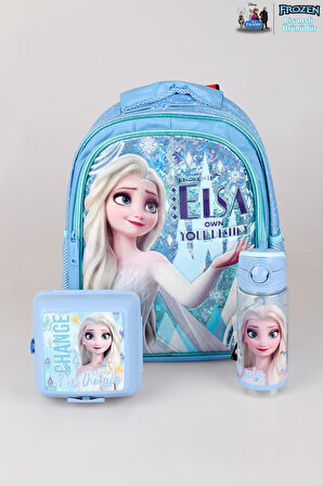 DEKOMUS LİSANSLI ELSA FROZEN OWN YOUR DESTIN "OKUL ÇANTASI,BESLENME KABI VE 500 ML TRITAN MATARA OKUL SETİ 