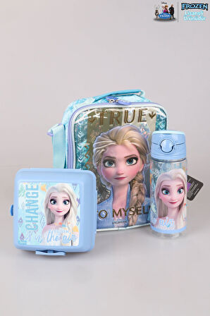 DEKOMUS LİSANSLI ELSA FROZEN "BESLENME ÇANTASI,BESLENME KABI VE 500 ML TRITAN MATARA OKUL BESLENME SETİ 