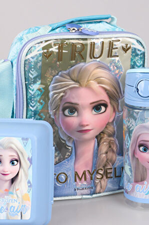 DEKOMUS LİSANSLI ELSA FROZEN "BESLENME ÇANTASI,BESLENME KABI VE 500 ML TRITAN MATARA OKUL BESLENME SETİ 