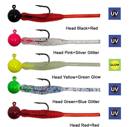 Kendo Hook Worm Jighead+Lrf Silikonu 2gr+4.5cm 5 Adet Head Yellow+Green Glow