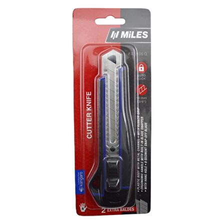 Miles Geniş Maket Bıçağı 18 mm Kauçuk Saplı 2 Yedekli Mavi FA1806G-M