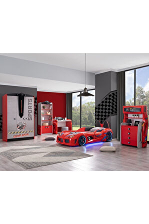 Çocuk Odası - Audi Koltuklu Arabalı Yatak - Sport 3 Kapılı Dolap, Masa, Şifonyer, Kitaplık- Kırmızı