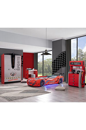 Çocuk Odası - Mercedes Rüzgarlıklı Arabalı Yatak - Sport 3 Kapılı Dolap, Masa, Şifonyer - Kırmızı
