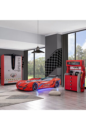 Çocuk Odası - Mercedes Rüzgarlıklı Arabalı Yatak - Sport 3 Kapılı Dolap, Şifonyer - Kırmızı
