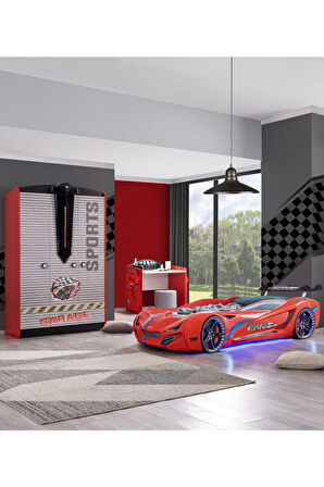 Çocuk Odası - Mercedes Rüzgarlıklı Arabalı Yatak - Sport 3 Kapılı Dolap, Masa - Kırmızı