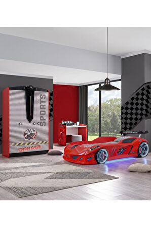 Çocuk Odası - Jaguar Rüzgarlıklı Arabalı Yatak - Sport 3 Kapılı Dolap, Masa - Kırmızı