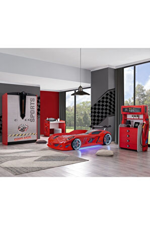 Çocuk Odası - Jaguar Rüzgarlıklı Arabalı Yatak - Sport 3 Kapılı Dolap, Masa, Şifonyer - Kırmızı