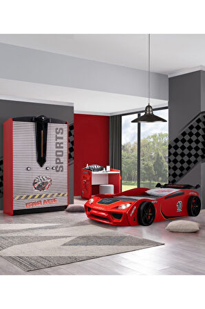 Çocuk Odası - Vento Arabalı Yatak - Sport 3 Kapılı Dolap, Masa - Kırmızı
