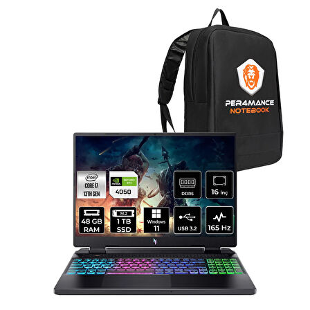 ACER Nitro 16 i7-13620H 48GB 1TB SSD RTX4050/6GB 140W 16'' 165Hz WUXGA W11P Gaming Laptop & ÇANTA