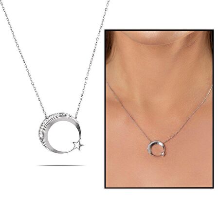 Beyaz Zirkon Taşlı Ayyıldız Tasarım 925 Ayar Gümüş Kadın Kolye